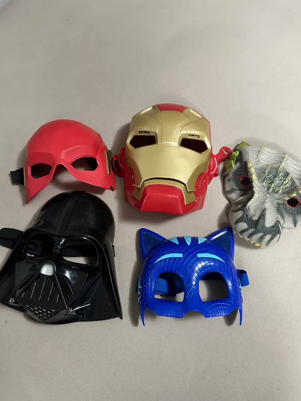 Set of 5 Kids Costume Masks - Iron Man, Darth Vader, Cat Boy, Flash & Jurassic